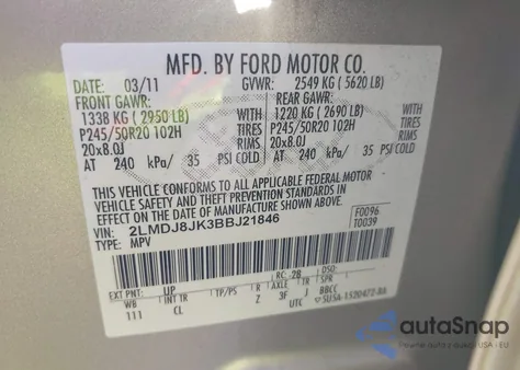 2011 Lincoln Mkx z USA, uszkodzony, nr VIN 2LMDJ8JK3BBJ21846